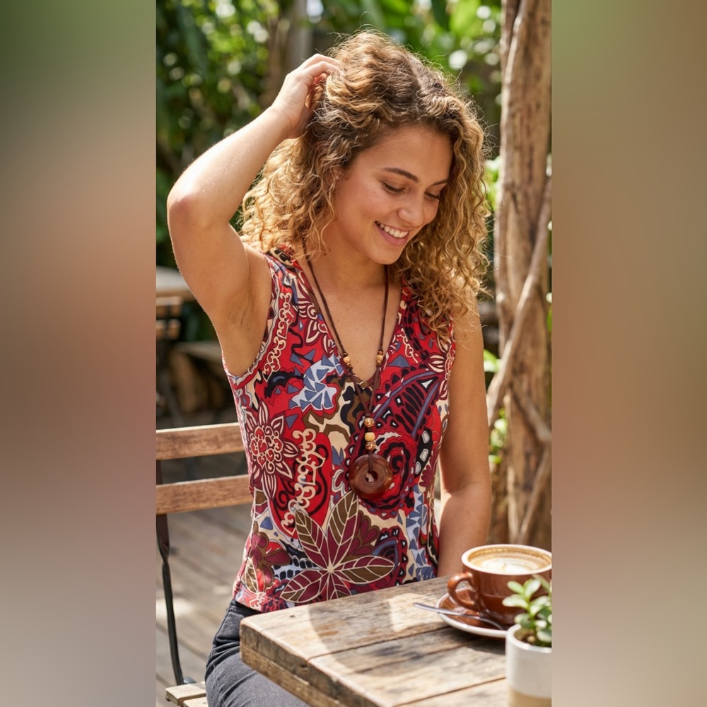 Venus Swimwear Floral Top Medium Boho V-Neck Attached Necklace Red Patchwork